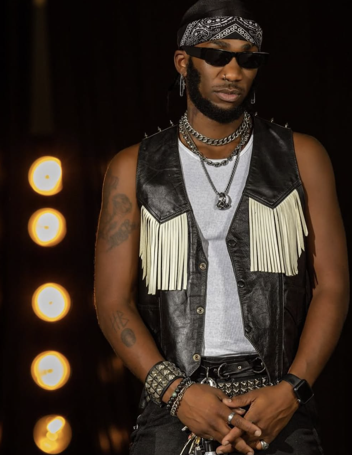 Model wearing hand-stitched TRUBB rockstar jacket